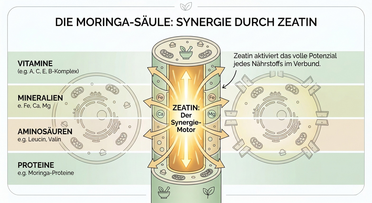 Moringa Nährstoff-Säule Grafik Zeatin als Synergie-Motor für Vitamine Mineralien und Proteine.