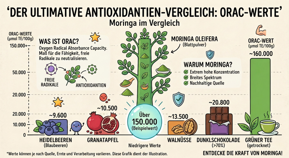 Infografik ORAC-Werte Vergleich Moringa Heidelbeere Granatapfel