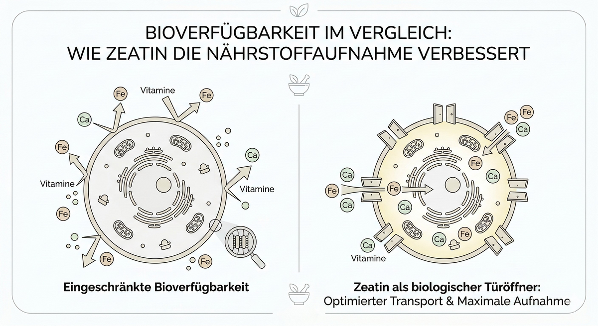 Infografik Vergleich Bioverfügbarkeit Nährstoffaufnahme mit und ohne Zeatin Zellmembran Darstellung.